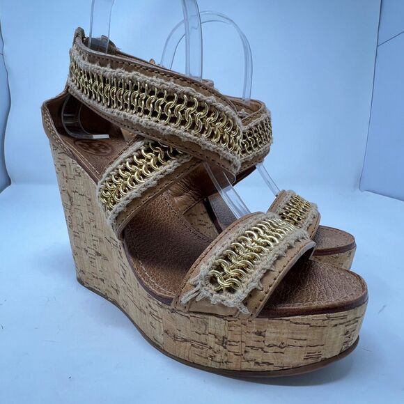 Tory Burch Lucian Chain Crochet-Trimmed Tan Leather Wedge Sandals Size 7.5 M - Picture 1 of 16